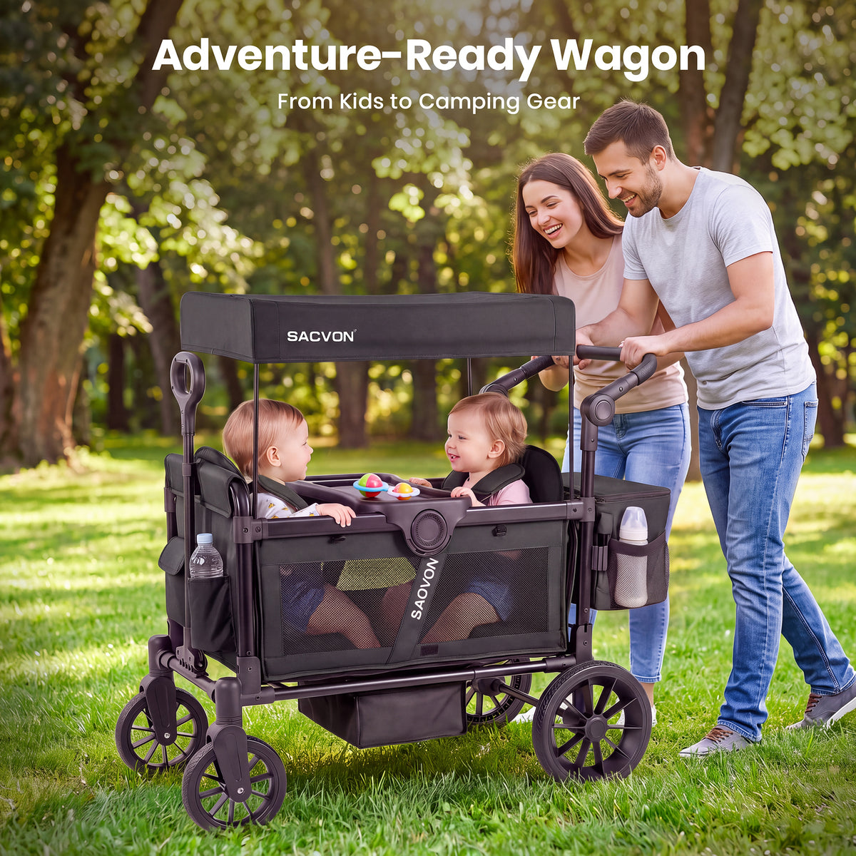 SACVON Wagon Stroller for 2 Toddlers, 4‑in‑1 Collapsible Stroller Wagon with Side Entry, 5‑Point Safety Harness, Adjustable Canopy, Snack Tray & Convertible Backpack Storage Bag, Black