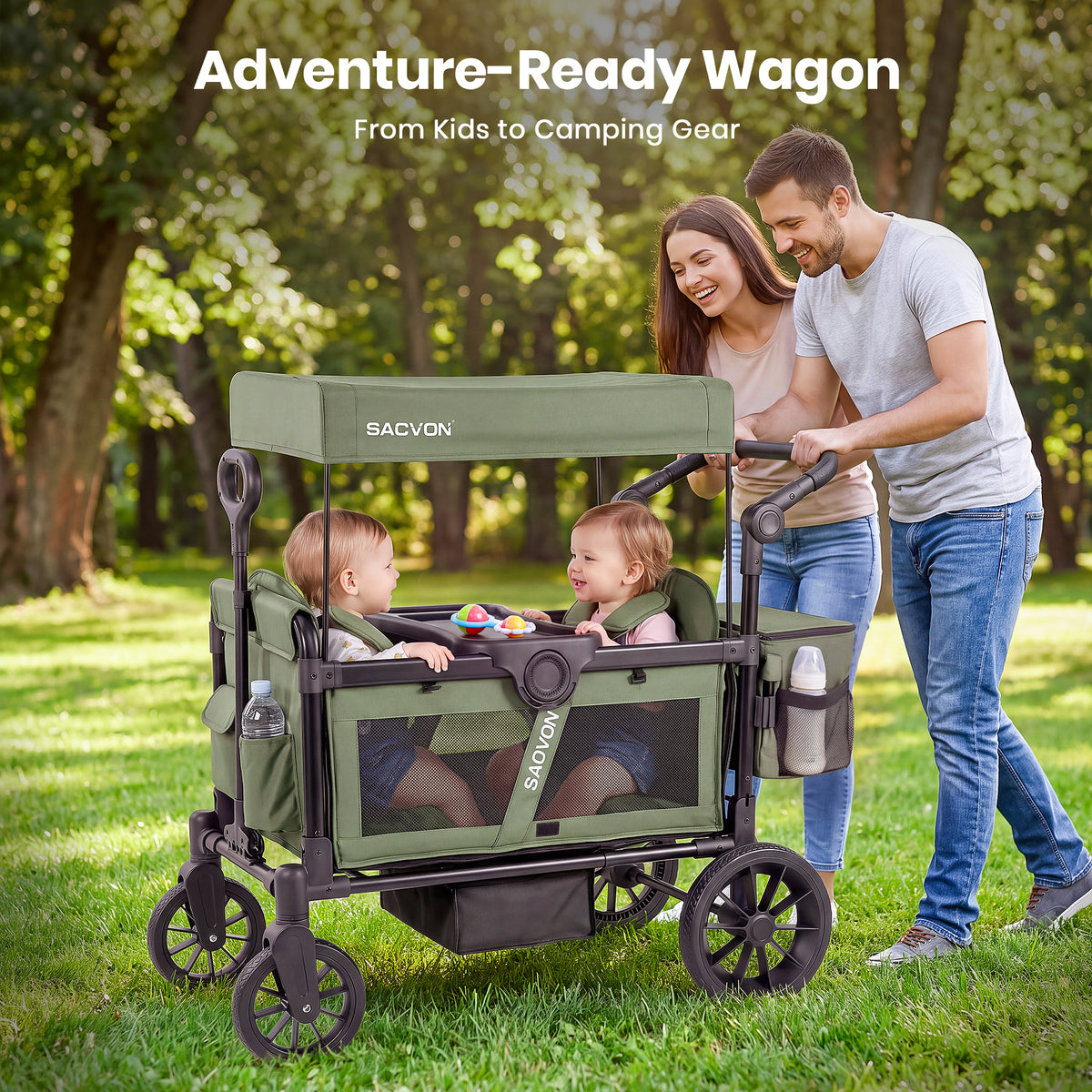 SACVON 2-Seater Stroller Wagon with Side Entry, Canopy & Snack Tray, Includes Removable Storage Bag That Converts to a Backpack-Olive Green