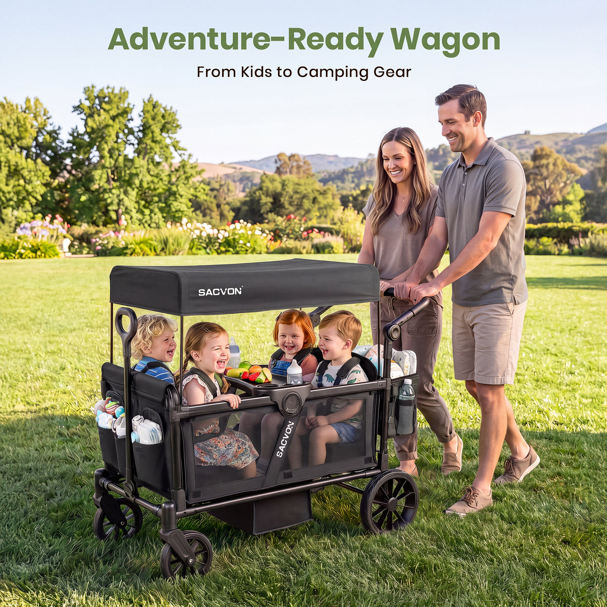 SACVON 4-Seater Stroller Wagon with Side Entry, Canopy & Snack Tray, Includes Detachable Storage Bag That Converts to a Backpack–Black