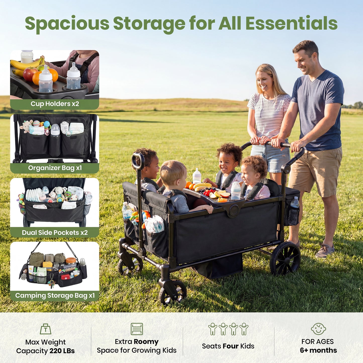 SACVON 4-Seater Stroller Wagon with Side Entry, Canopy & Snack Tray, Includes Detachable Storage Bag That Converts to a Backpack–Black