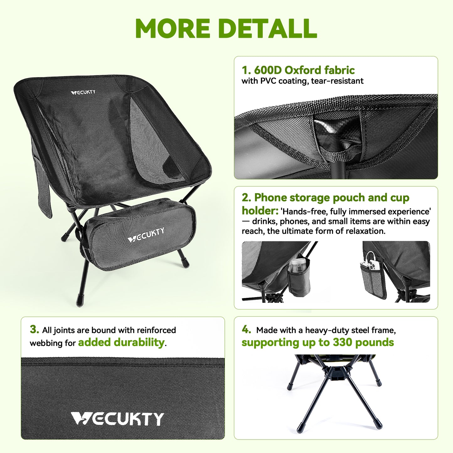 VECUKTY Portable Camping Chair Set, 2 Pack Lightweight Folding Outdoor Chairs with Carry Bags for Camping, Hiking, Fishing,Black