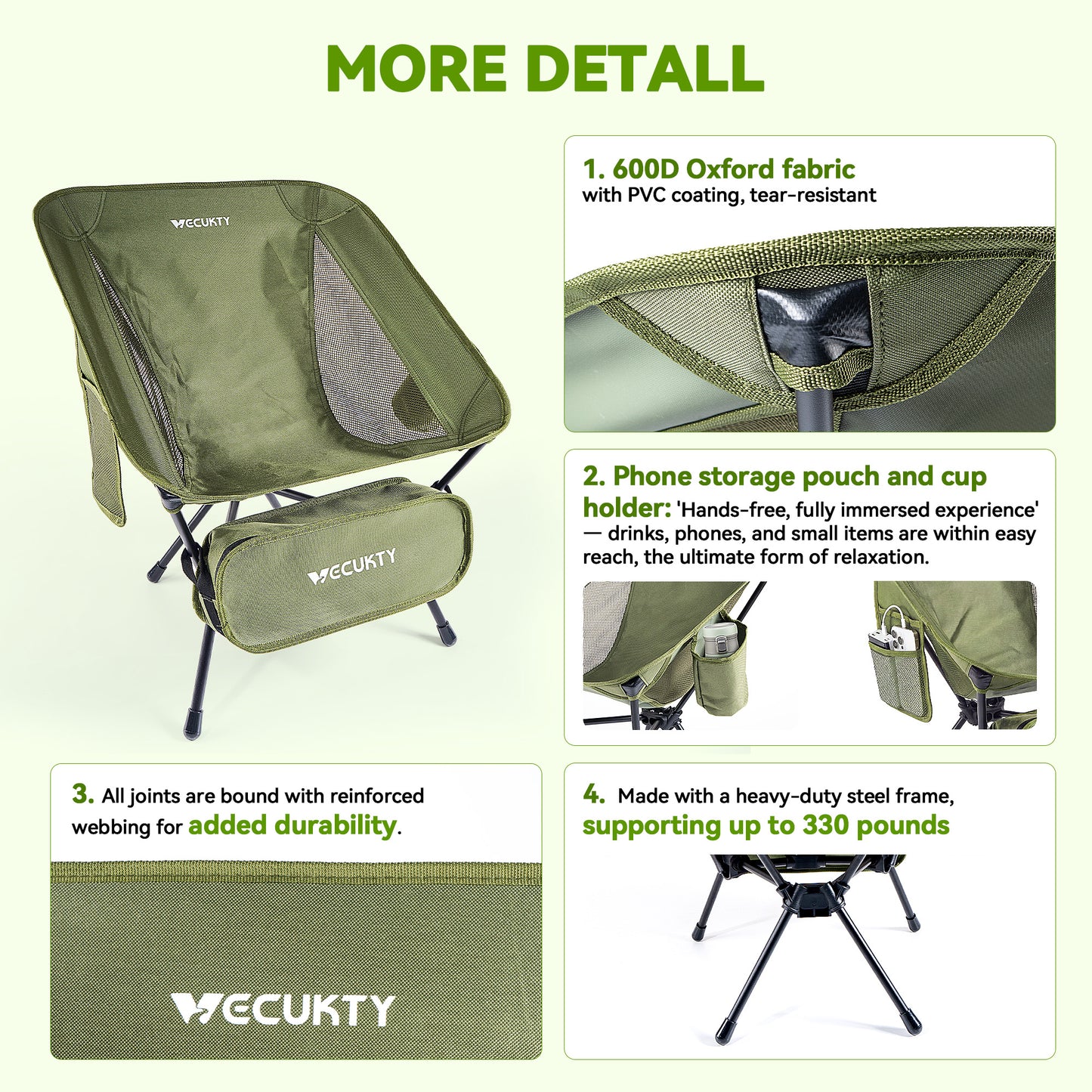 VECUKTY Portable Camping Chair Set, 2 Pack Lightweight Folding Outdoor Chairs with Carry Bags for Camping, Hiking, Fishing,Green