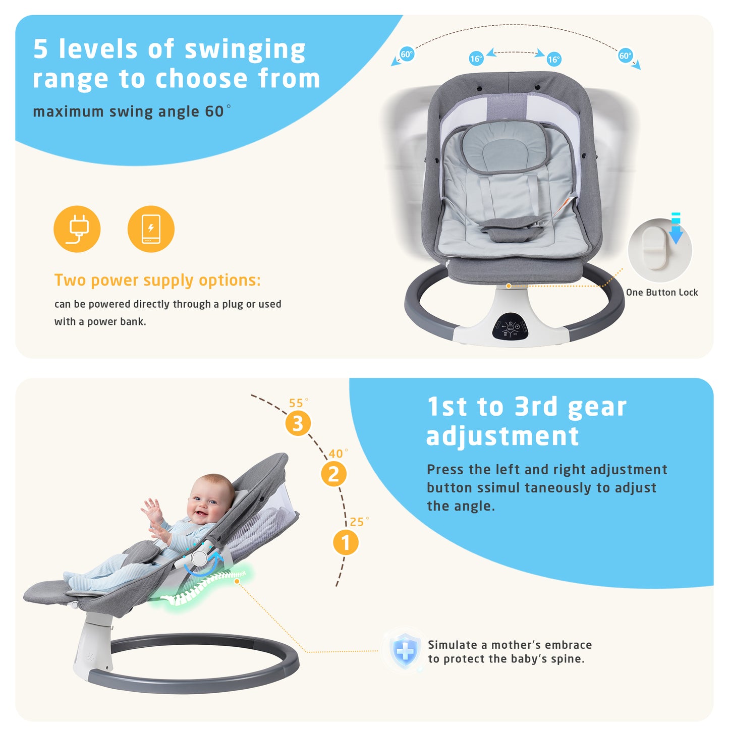 SACVON Portable Baby Swing, 5 Speed & Bluetooth Music, with Remote Control for Indoor Outdoor Use, for Infants 0-6 Months, Dark Gray