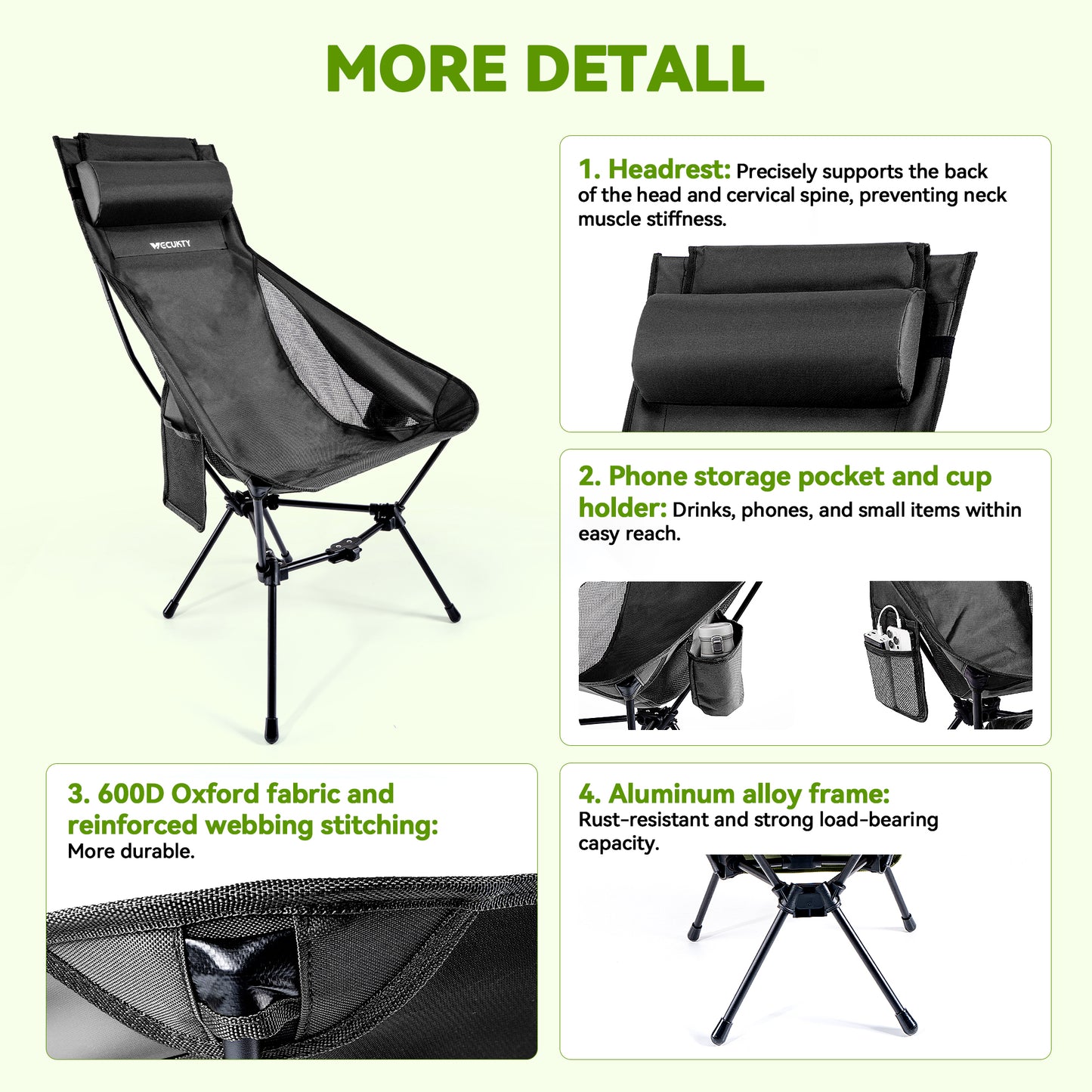 Triangle Frame High Back Folding Camping Chair, Portable Moon Chair with Enhanced Stability, Includes Carry Bag, Black