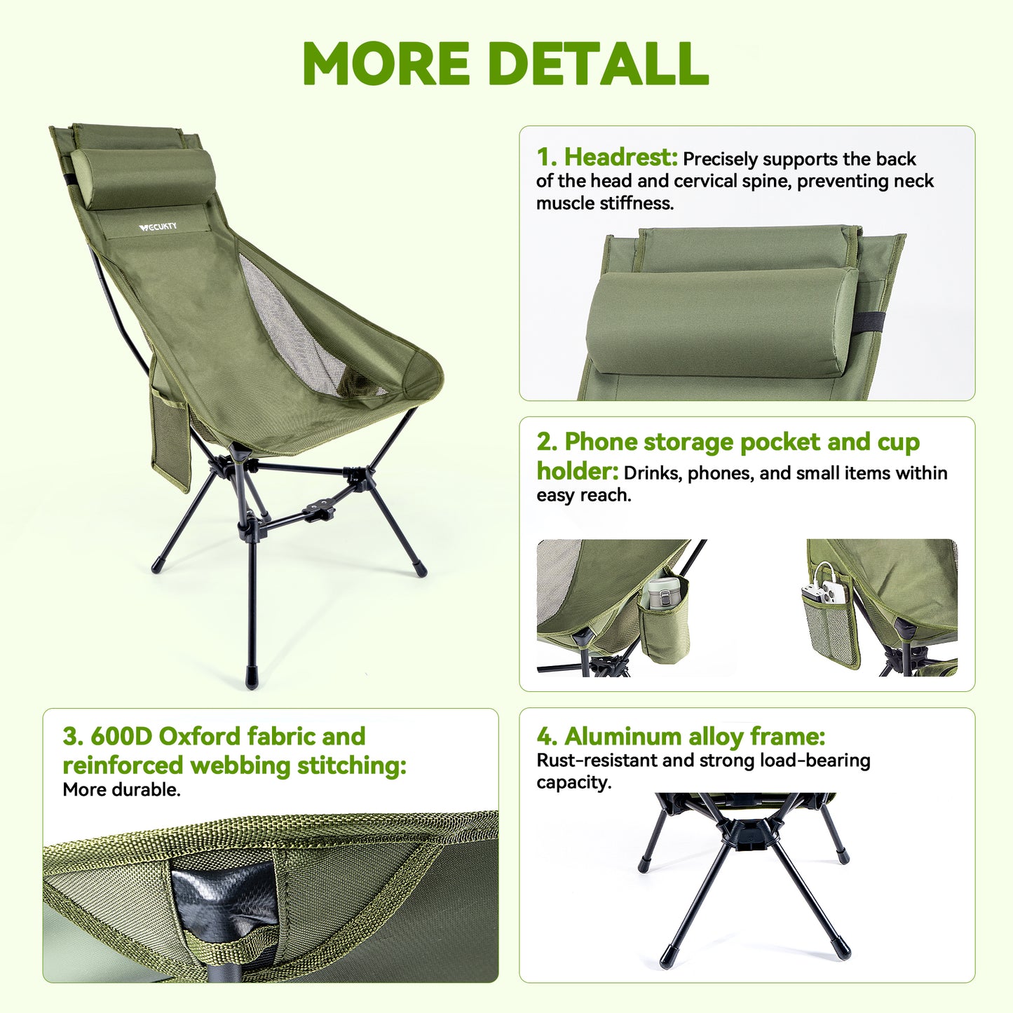Triangle Frame High Back Folding Camping Chair, Portable Moon Chair with Enhanced Stability, Includes Carry Bag, Army Green