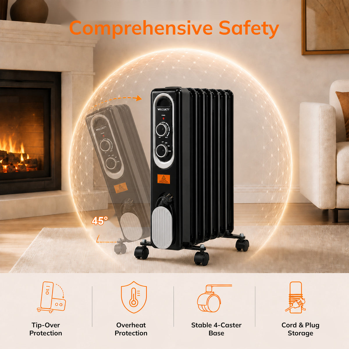 Vecukty Radiator Heater for Large Space, 1500W Electric Oil Filled Radiator, Dual Knobs, 7-Fin Oil Radiator, Quiet Space Heater, 3 Modes, Overheat and Tip-over Protection, 24H Timer