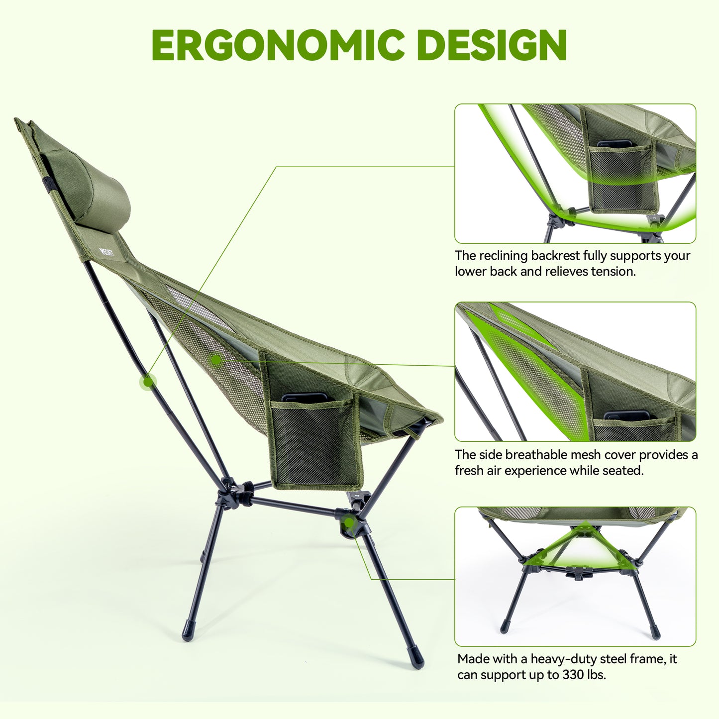 Triangle Frame High Back Folding Camping Chair, Portable Moon Chair with Enhanced Stability, Includes Carry Bag, Army Green