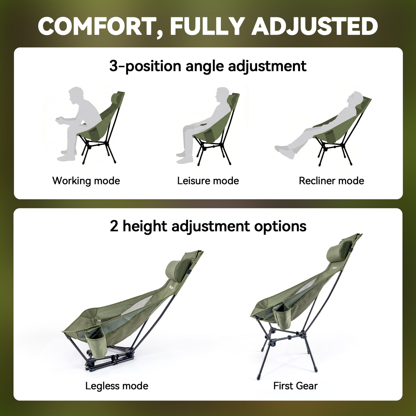 Triangle Frame High Back Folding Camping Chair, Portable Moon Chair with Enhanced Stability, Includes Carry Bag, Army Green
