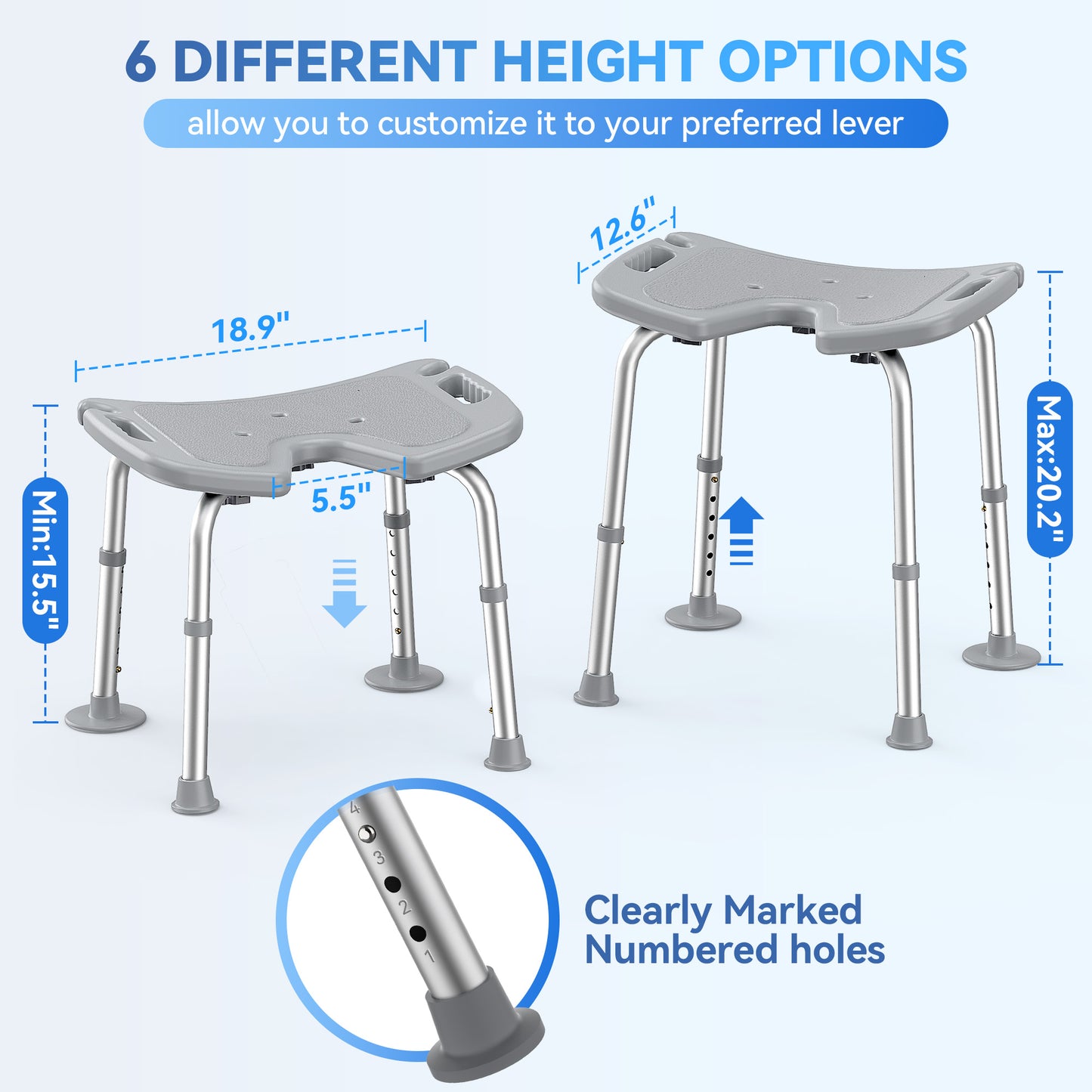 SACVON  U-Shaped Shower Chair , Adjustable Lightweight Alloy Aluminum Shower Stool, Tool-Free Assembly Bath Chair for Elderly and Disabled, 300 lbs Load, Gray