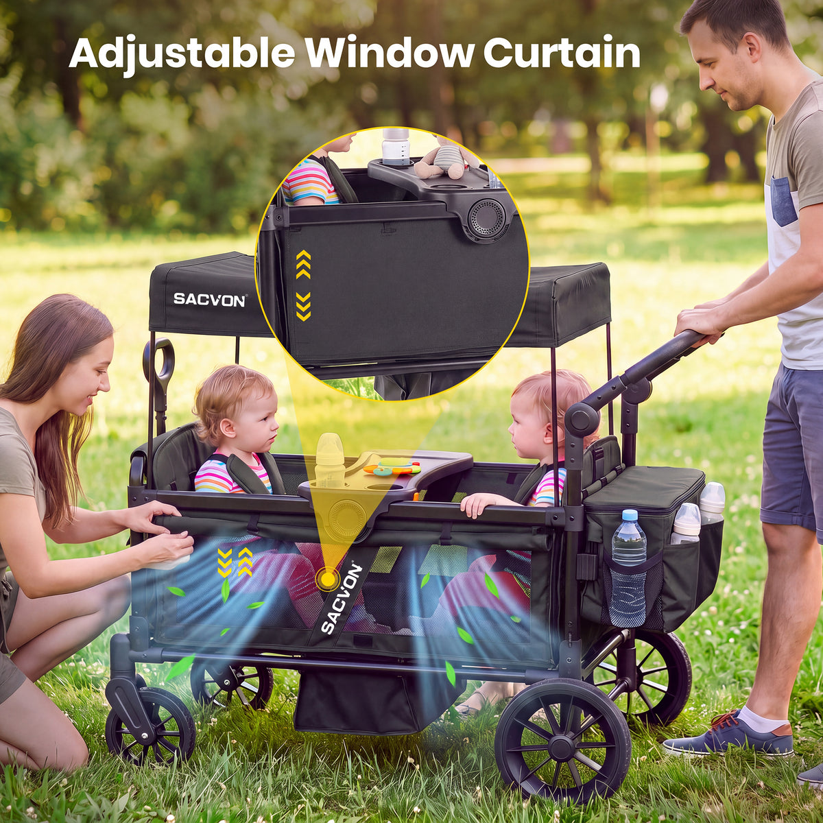 SACVON Wagon Stroller for 2 Toddlers, 4‑in‑1 Collapsible Stroller Wagon with Side Entry, 5‑Point Safety Harness, Adjustable Canopy, Snack Tray & Convertible Backpack Storage Bag, Black