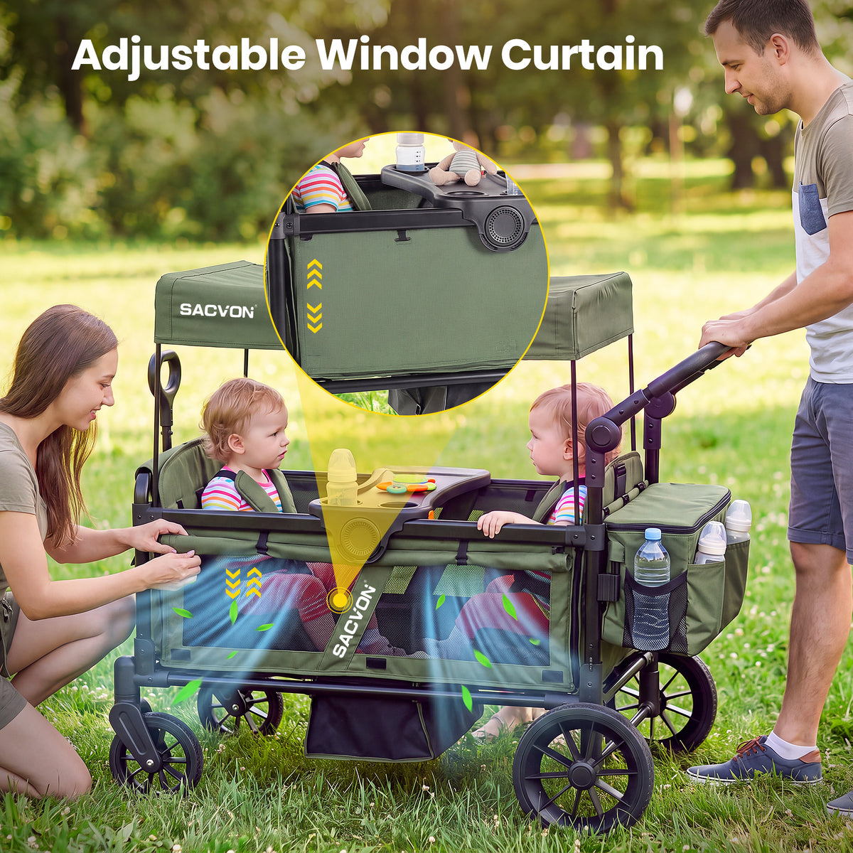 SACVON 2-Seater Stroller Wagon with Side Entry, Canopy & Snack Tray, Includes Removable Storage Bag That Converts to a Backpack-Olive Green