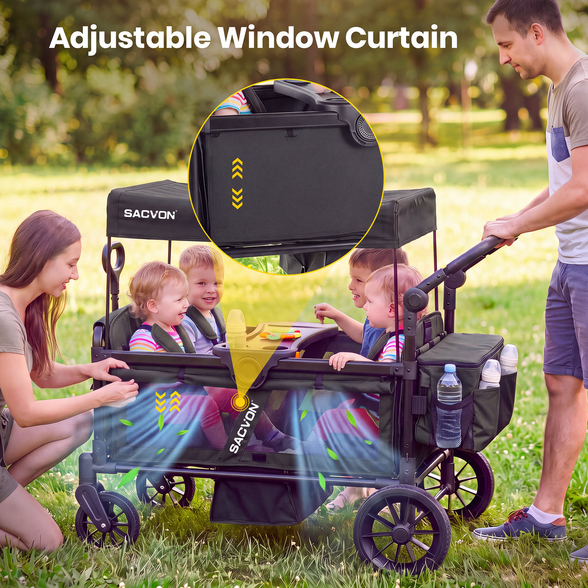 SACVON 4-Seater Stroller Wagon with Side Entry, Canopy & Snack Tray, Includes Detachable Storage Bag That Converts to a Backpack–Black