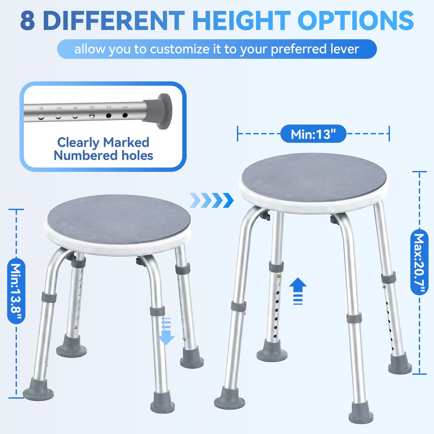 SACVON Adjustable Round Shower Chair, Non-Slip Bath Stool with Aluminum Legs, Tool-Free Height Adjustable Seat for Shower or Tub, Gray