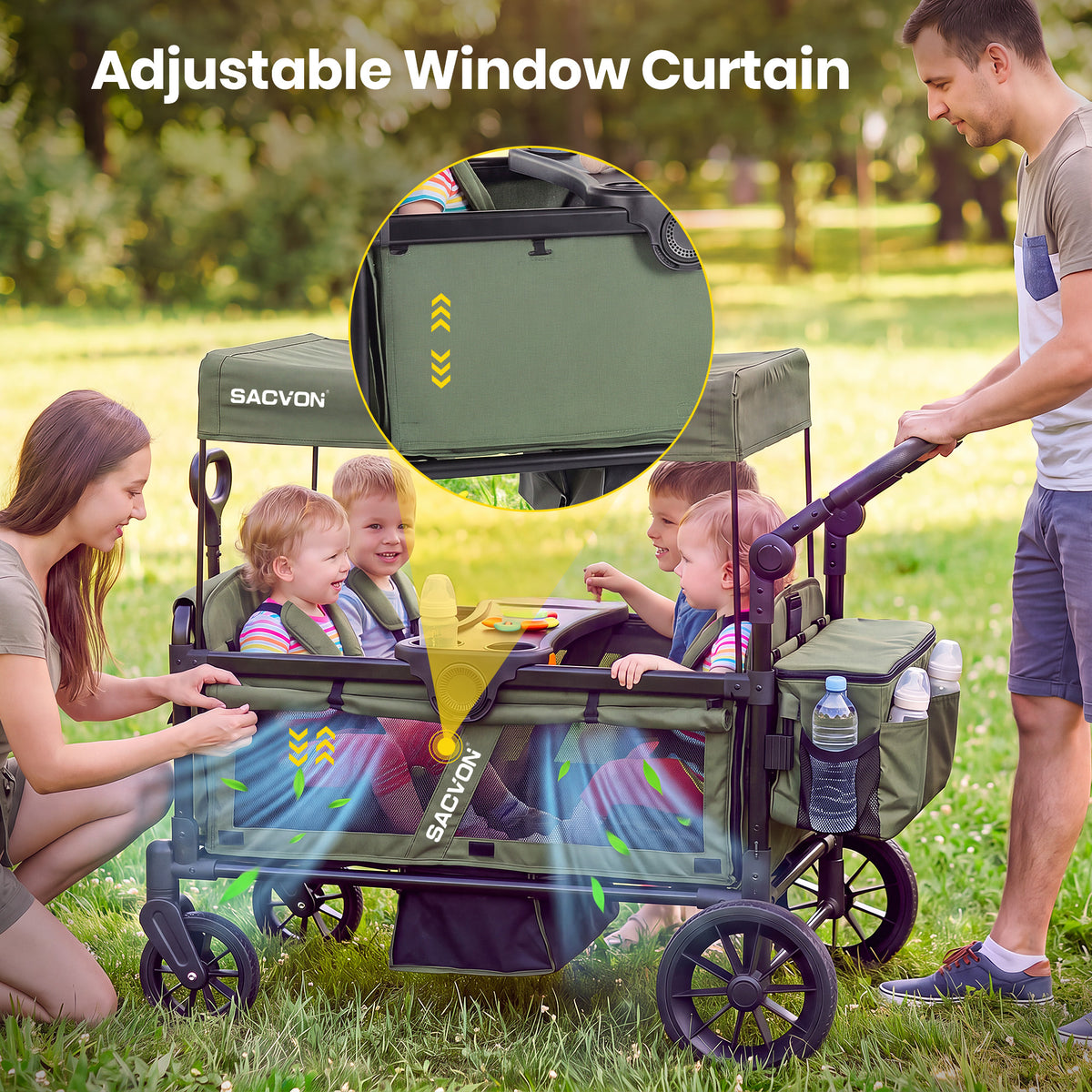 SACVON 4-Seater Stroller Wagon with Side Entry, Canopy & Snack Tray, Includes Detachable Storage Bag That Converts to a Backpack– Olive Green