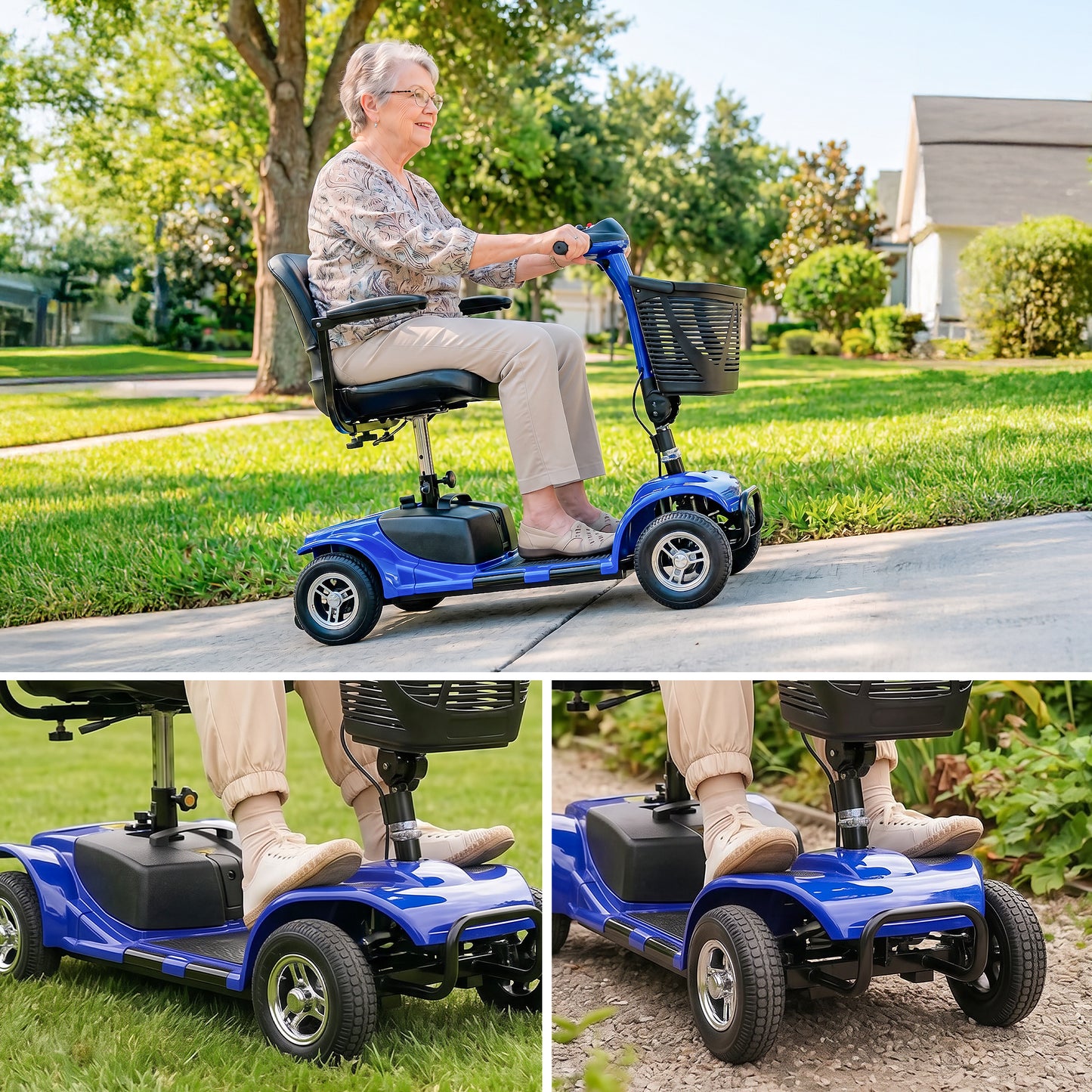 SACVON 4 Wheel Mobility Scooter for Seniors, 330 lbs Heavy Duty Electric Powered Scooter with 15 Miles Long Range, Swivel Seat & Removable Basket for Travel and Grocery Shopping, Blue