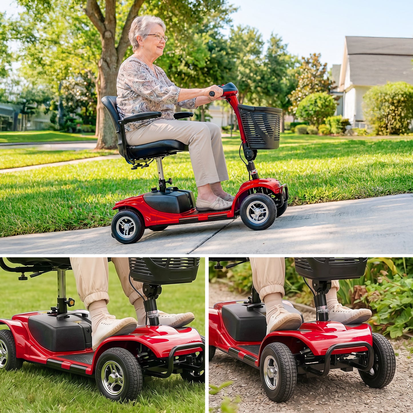 SACVON 4 Wheel Mobility Scooter for Seniors, 330 lbs Heavy Duty Electric Powered Scooter with 15 Miles Long Range, Swivel Seat & Removable Basket for Travel and Grocery Shopping, Red