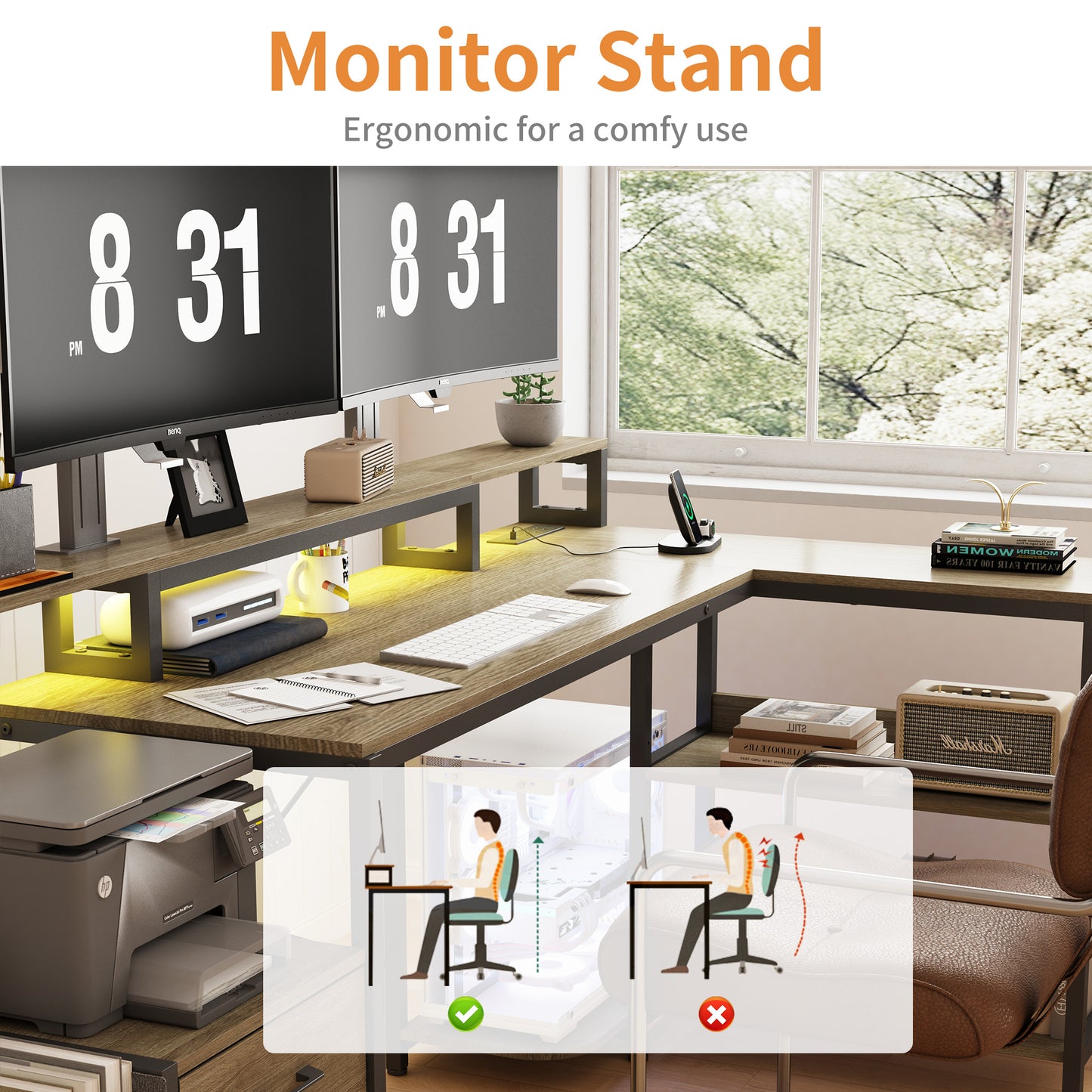 71.5 inch Computer Desk with Power Outlets, L Shaped LED Home Office Desk with Long Monitor Stand, Large Corner Desk with Storage Shelf, Cup Holder & Headset Hooks, Modern Simple Table