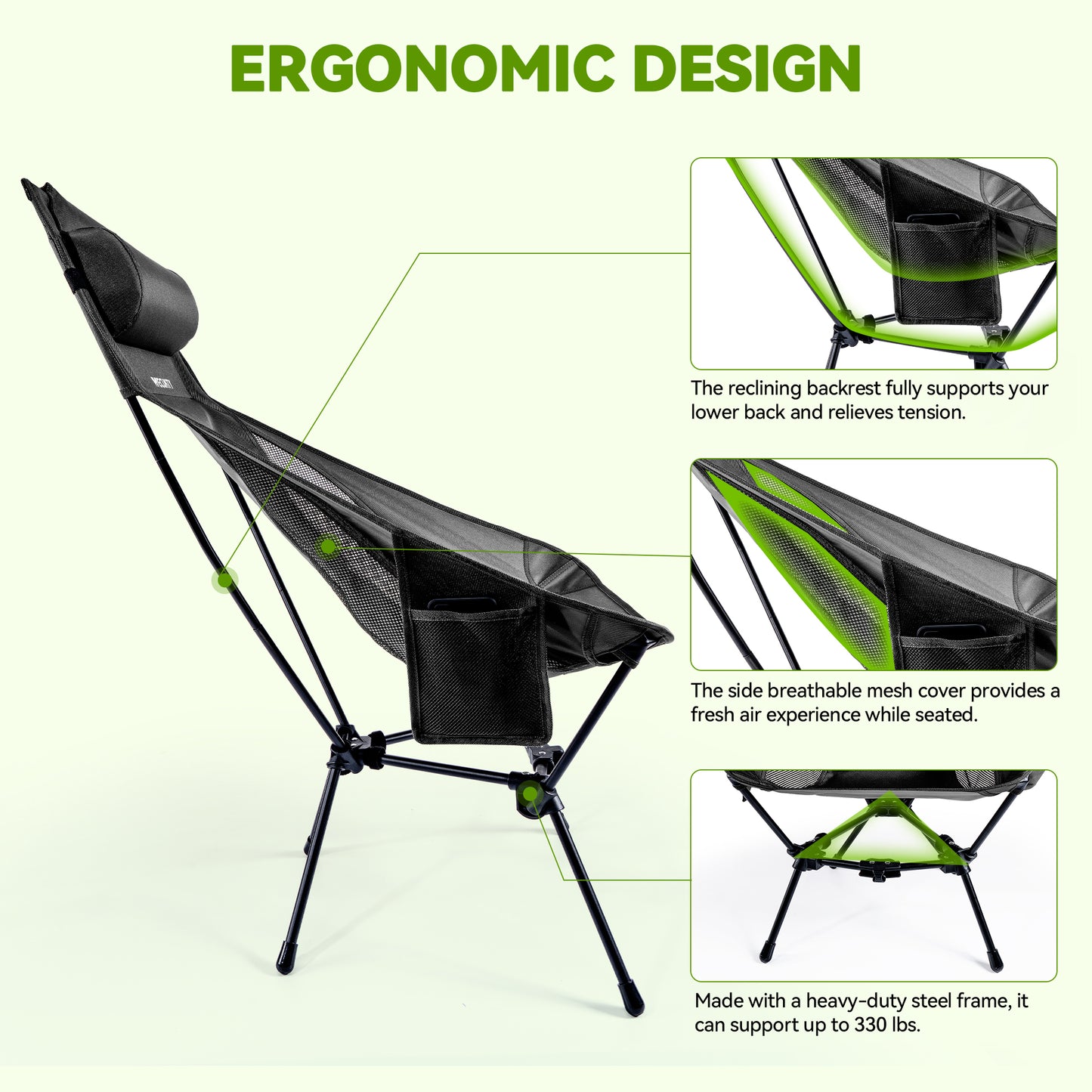Triangle Frame High Back Folding Camping Chair, Portable Moon Chair with Enhanced Stability, Includes Carry Bag, Black