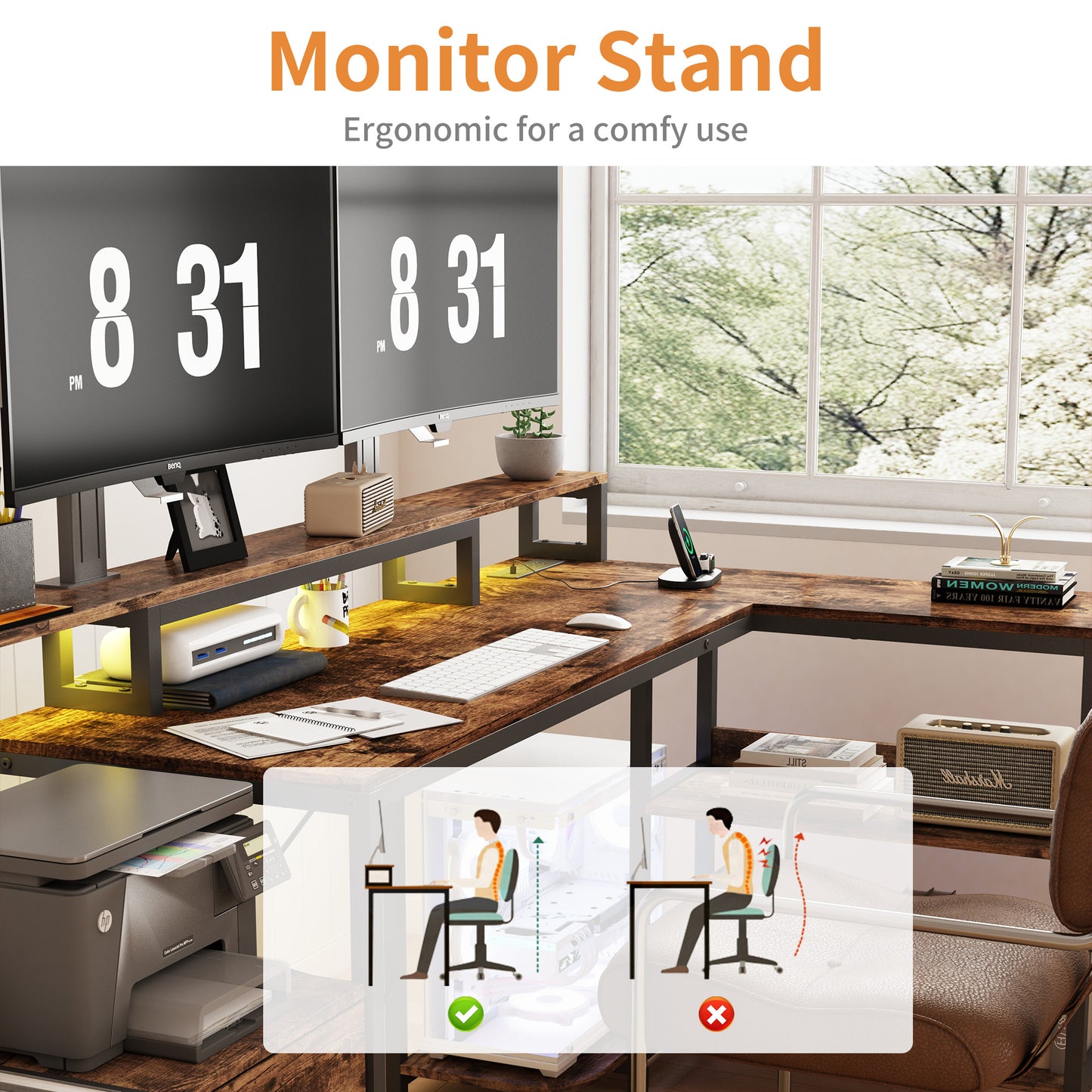 71.5 inch Computer Desk with Power Outlets, L Shaped LED Home Office Desk with Long Monitor Stand, Large Corner Desk with Storage Shelf, Cup Holder & Headset Hooks, Modern Simple Table