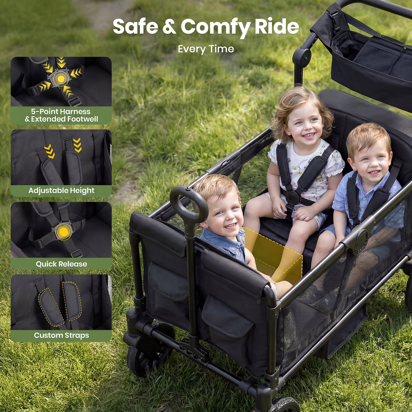 SACVON 4-Seater Stroller Wagon with Side Entry, Canopy & Snack Tray, Includes Detachable Storage Bag That Converts to a Backpack–Black
