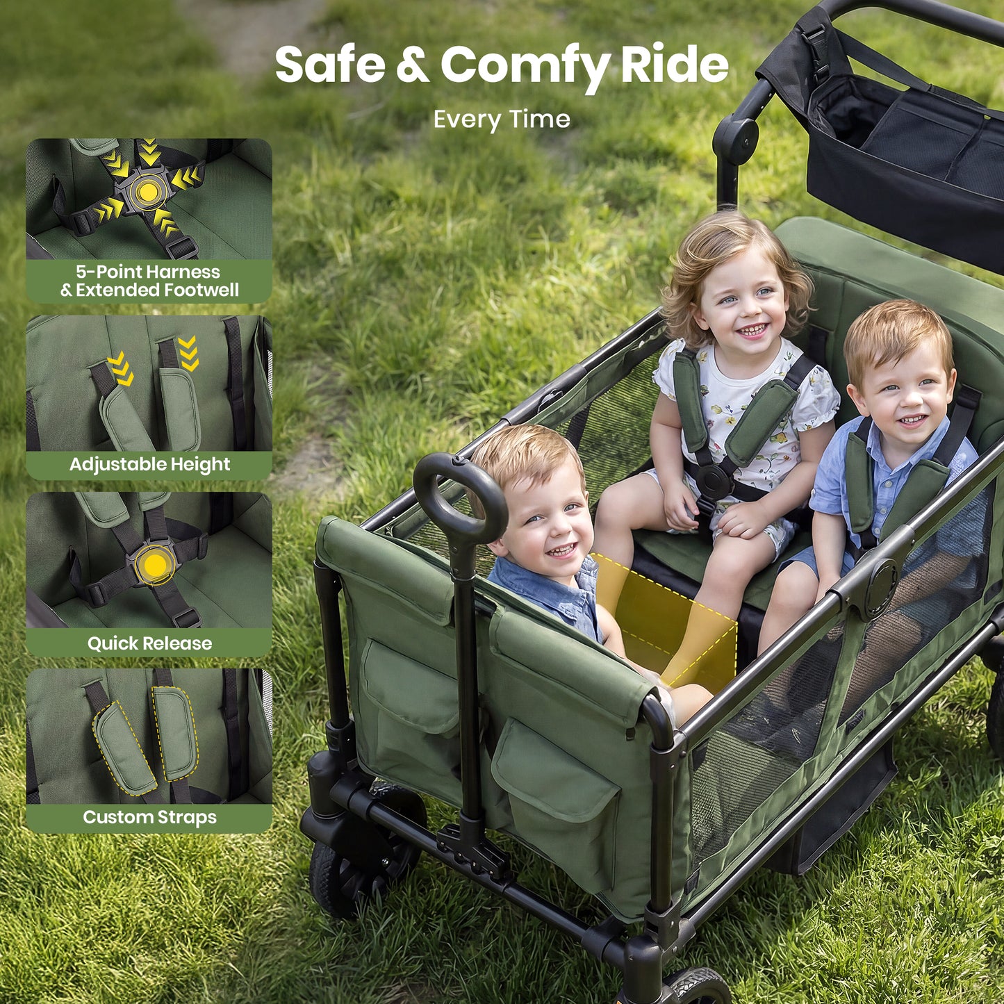 SACVON 4-Seater Stroller Wagon with Side Entry, Canopy & Snack Tray, Includes Detachable Storage Bag That Converts to a Backpack– Olive Green