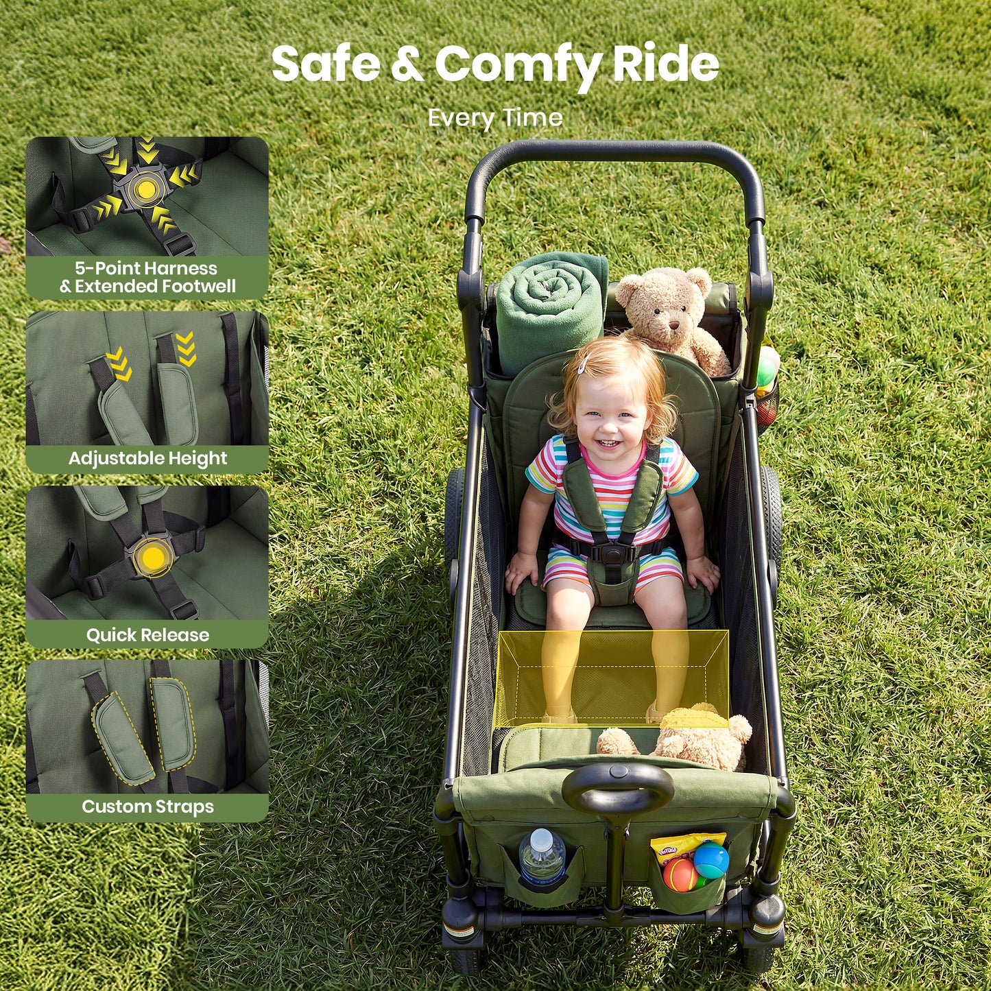 SACVON 2-Seater Stroller Wagon with Side Entry, Canopy & Snack Tray, Includes Removable Storage Bag That Converts to a Backpack-Olive Green