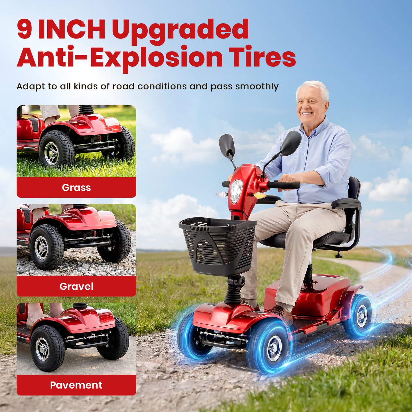 SACVON 4 Wheel Mobility Scooter for Seniors, 25 Miles Long Range Travel Powered Scooter with 330lbs Capacity, 270W Motor, 9" Anti-Explosion Tires, Extended Comfort Swivel Seat, Red
