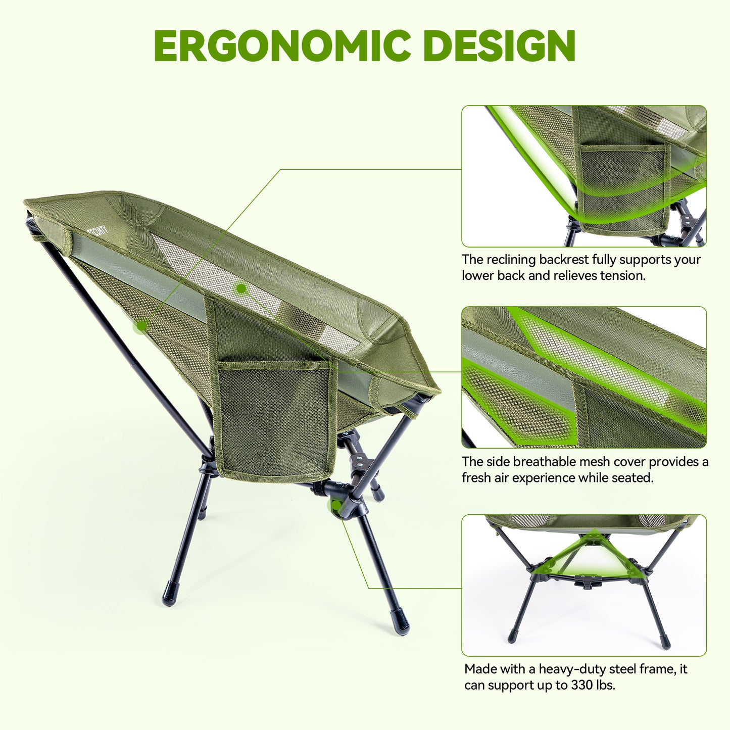 VECUKTY Portable Camping Chair Set, 2 Pack Lightweight Folding Outdoor Chairs with Carry Bags for Camping, Hiking, Fishing,Green