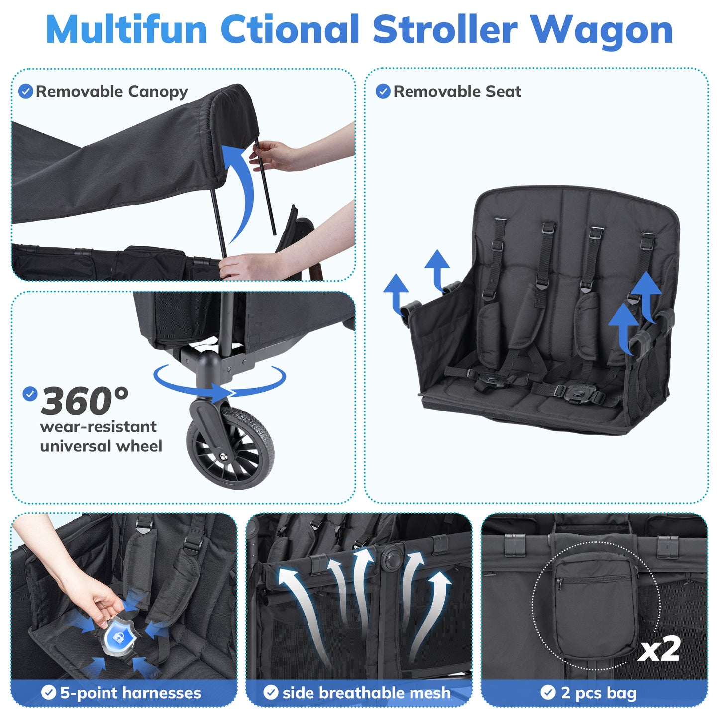 SACVON 4-in-1 Baby Stroller Wagon, 4-Seat Convertible Wagon for Kids with Removable Canopy, Cooler Bag, Adjustable Handle, for Outdoor Camping & Travel, Black