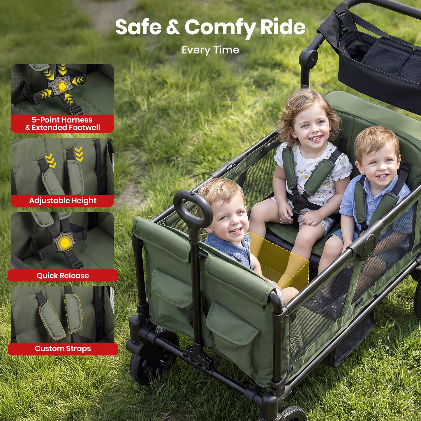 SACVON 4-Seater Stroller Wagon with Side Entry, Canopy & Snack Tray, Includes Detachable Storage Bag That Converts to a Backpack– Olive Green