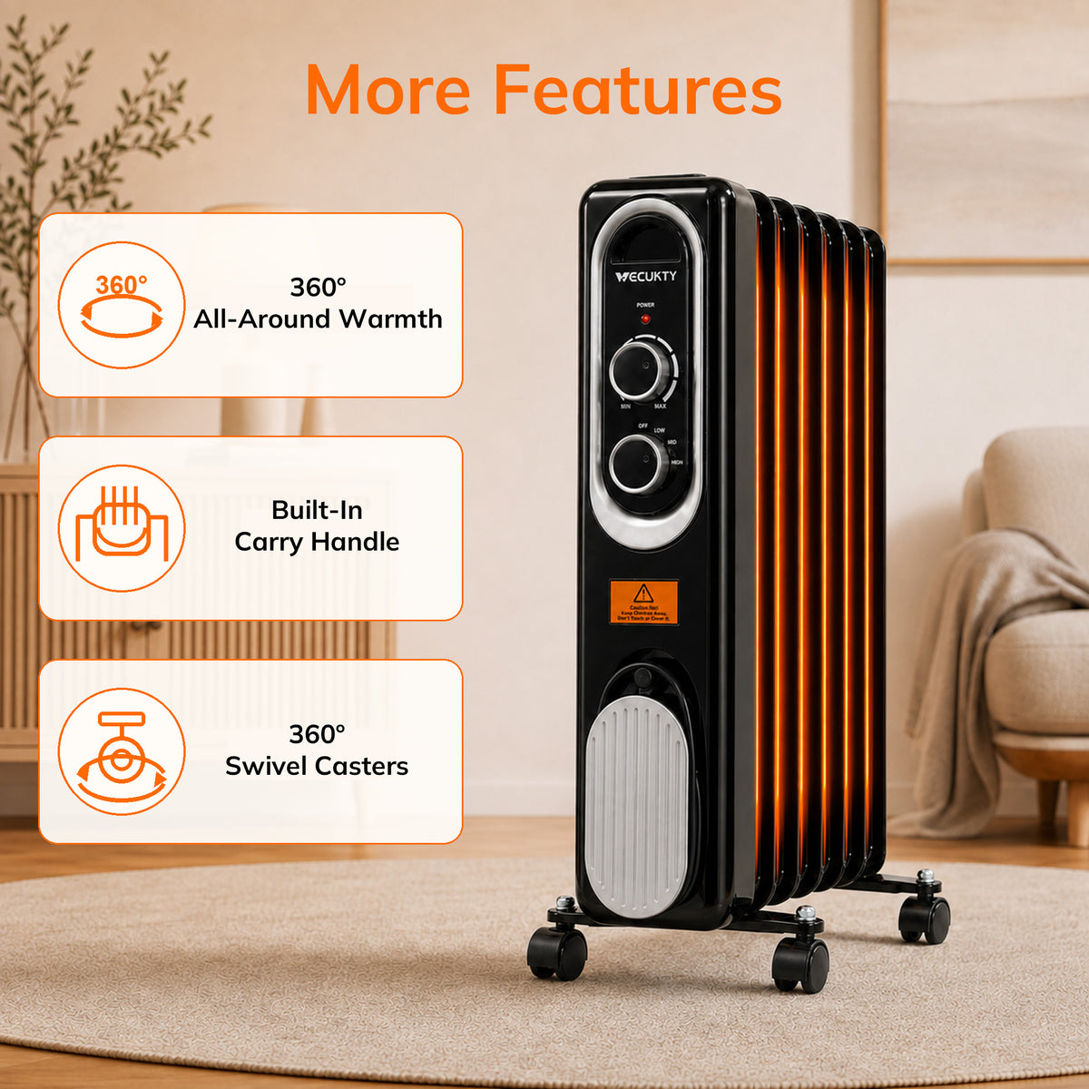 Vecukty Radiator Heater for Large Space, 1500W Electric Oil Filled Radiator, Dual Knobs, 7-Fin Oil Radiator, Quiet Space Heater, 3 Modes, Overheat and Tip-over Protection, 24H Timer