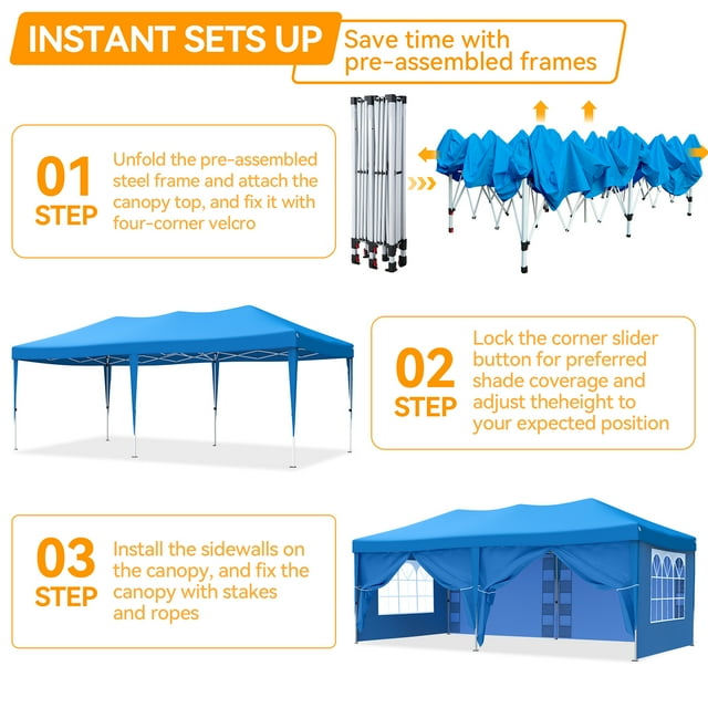 Vecukty 10 x 20 ft Blue Pop up Outdoor Canopies, Removable Sidewalls