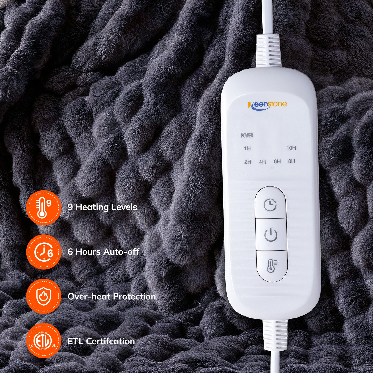 Keenstone Heated Blanket Electric Throw Blanket 50"x60",Machine Washable Fast Heating Blanket with 9 Heat Settings,6 Hours Auto Off,Flannel Faux Rabbit Fur Bubble Electric Blanket Gray