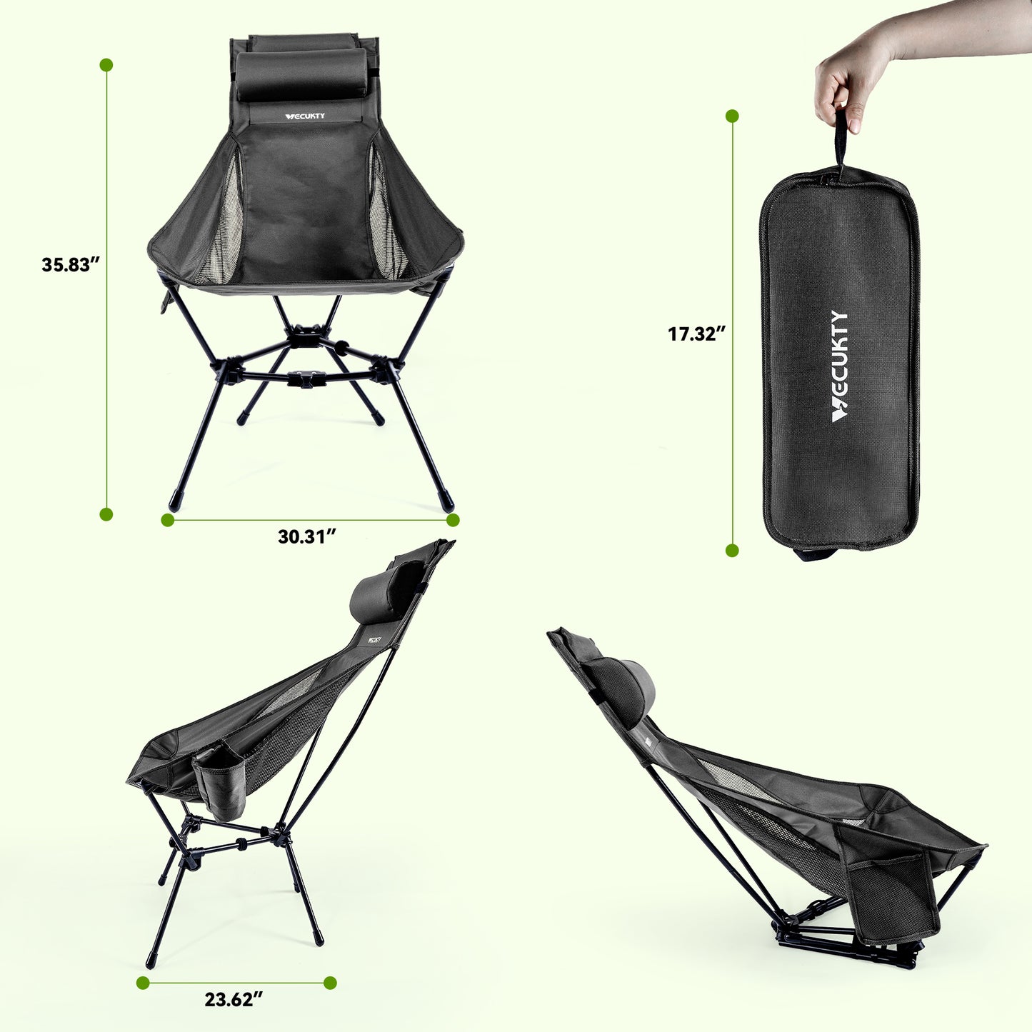 Triangle Frame High Back Folding Camping Chair, Portable Moon Chair with Enhanced Stability, Includes Carry Bag, Black