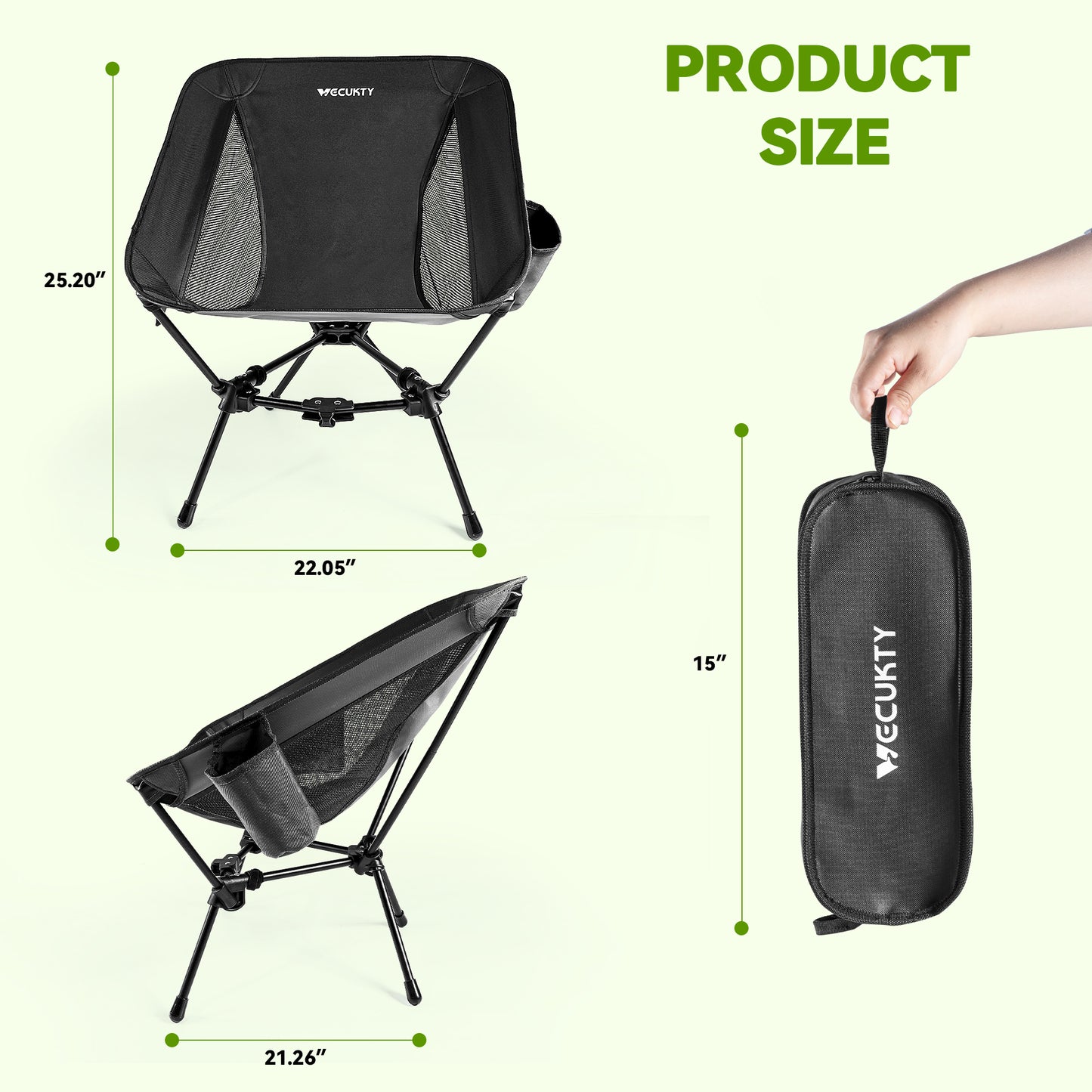 VECUKTY Portable Camping Chair Set, 2 Pack Lightweight Folding Outdoor Chairs with Carry Bags for Camping, Hiking, Fishing,Black