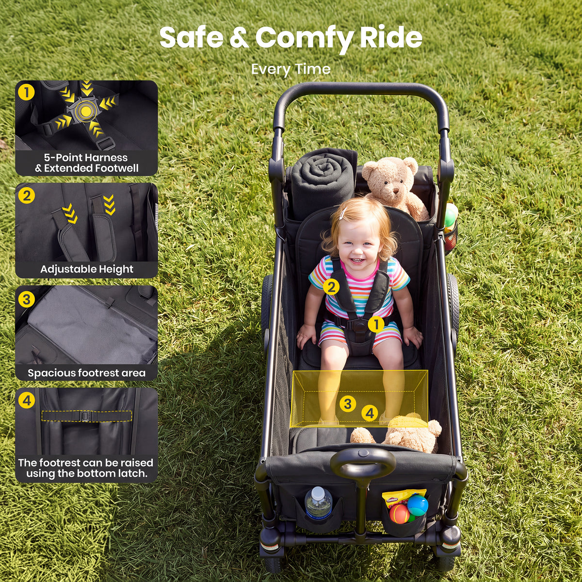 SACVON Wagon Stroller for 2 Toddlers, 4‑in‑1 Collapsible Stroller Wagon with Side Entry, 5‑Point Safety Harness, Adjustable Canopy, Snack Tray & Convertible Backpack Storage Bag, Black