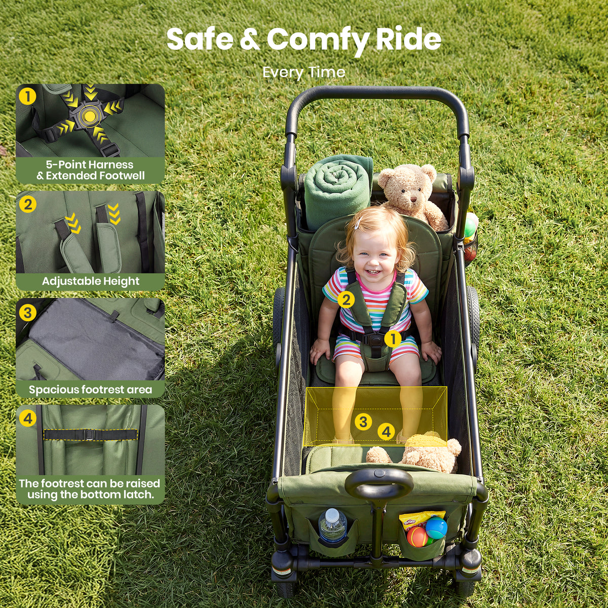 SACVON 2-Seater Stroller Wagon with Side Entry, Canopy & Snack Tray, Includes Removable Storage Bag That Converts to a Backpack-Olive Green