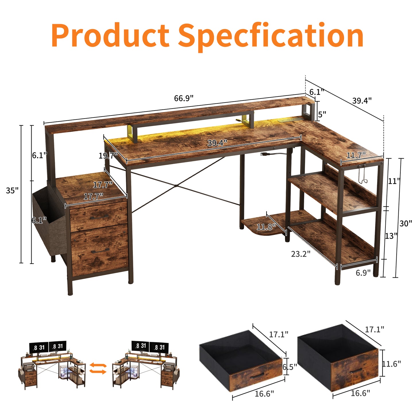 71.5 inch Computer Desk with Power Outlets, L Shaped LED Home Office Desk with Long Monitor Stand, Large Corner Desk with Storage Shelf, Cup Holder & Headset Hooks, Modern Simple Table