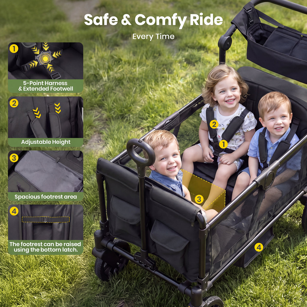 SACVON 4-Seater Stroller Wagon with Side Entry, Canopy & Snack Tray, Includes Detachable Storage Bag That Converts to a Backpack–Black