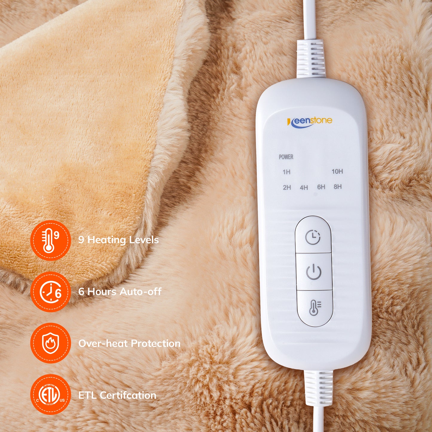 Keenstone Heated Blanket Electric Throw Blanket 50"x60",Machine Washable Fast Heating Blanket with 9 Heat Settings,6 Hours Auto Off,Flannel Faux Rabbit Fur Bubble Electric Blanket Brown