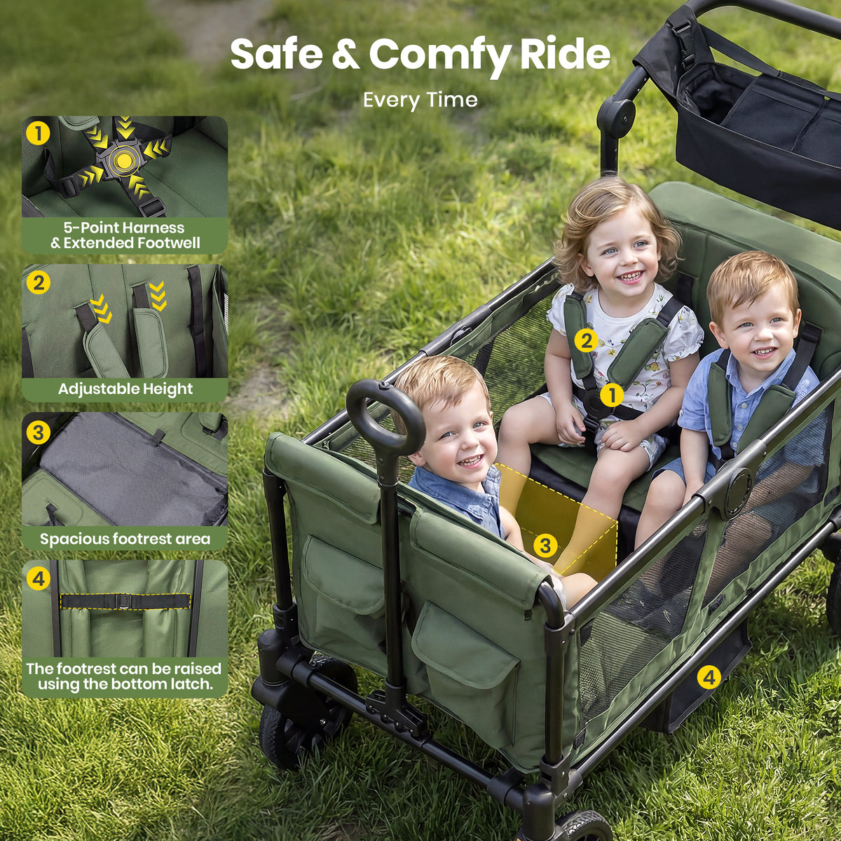 SACVON 4-Seater Stroller Wagon with Side Entry, Canopy & Snack Tray, Includes Detachable Storage Bag That Converts to a Backpack– Olive Green