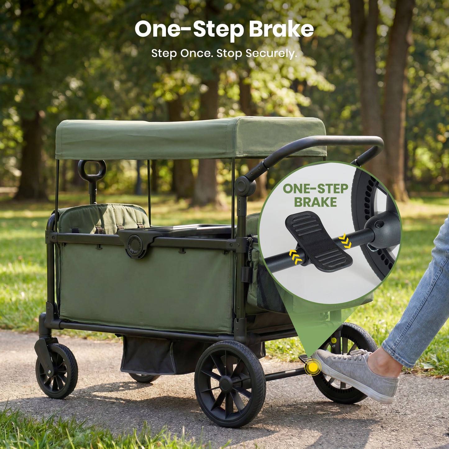 SACVON 4-Seater Stroller Wagon with Side Entry, Canopy & Snack Tray, Includes Detachable Storage Bag That Converts to a Backpack– Olive Green