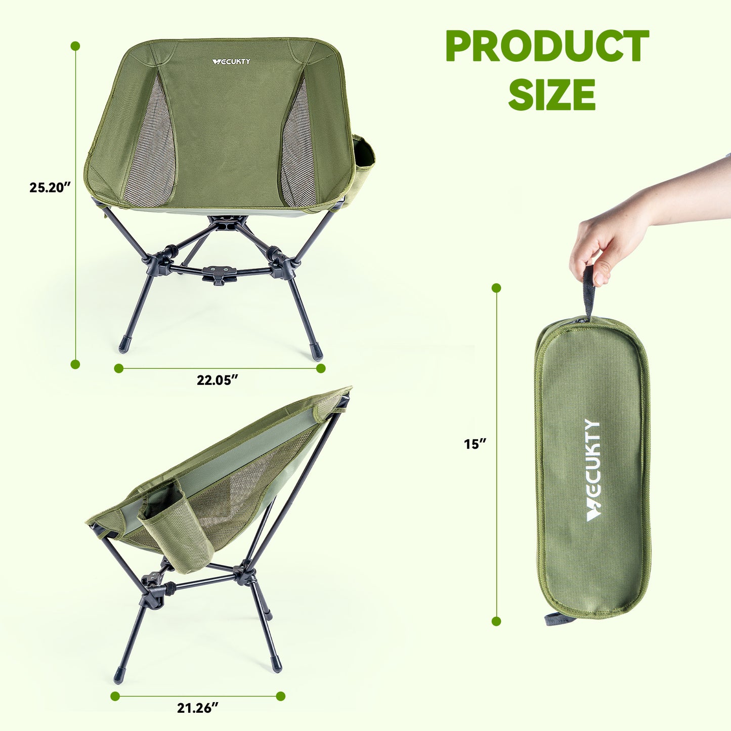 VECUKTY Portable Camping Chair with Carry Bag, Lightweight Folding Outdoor Chair with Side Pocket for Camping, Hiking, Fishing Green