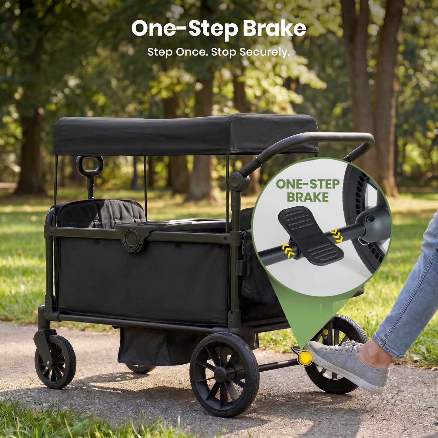 SACVON 4-Seater Stroller Wagon with Side Entry, Canopy & Snack Tray, Includes Detachable Storage Bag That Converts to a Backpack–Black