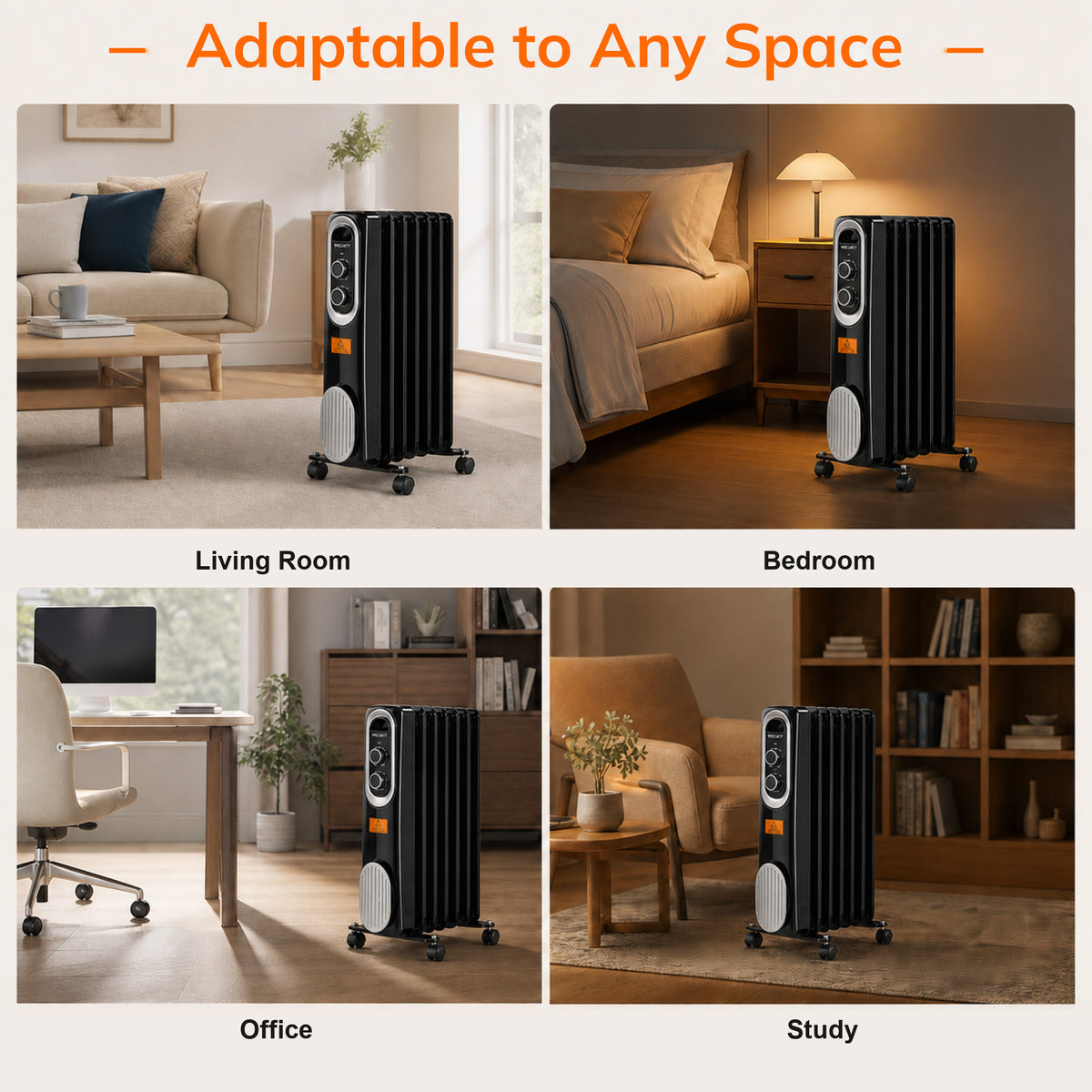 Vecukty Radiator Heater for Large Space, 1500W Electric Oil Filled Radiator, Dual Knobs, 7-Fin Oil Radiator, Quiet Space Heater, 3 Modes, Overheat and Tip-over Protection, 24H Timer