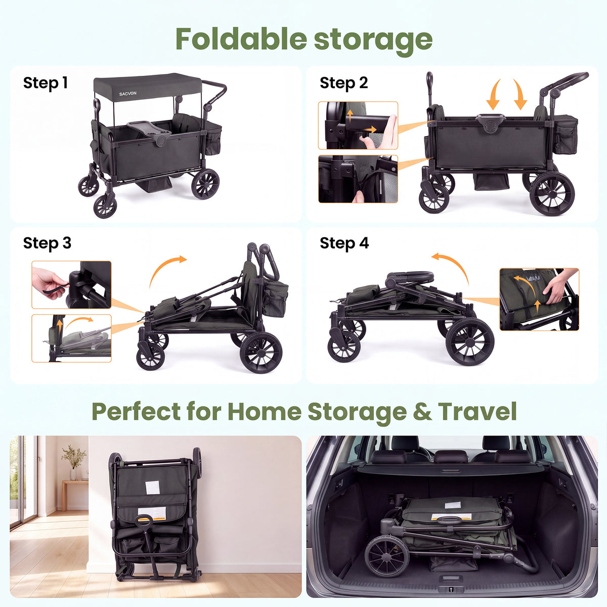 SACVON Wagon Stroller for 2 Toddlers, 4‑in‑1 Collapsible Stroller Wagon with Side Entry, 5‑Point Safety Harness, Adjustable Canopy, Snack Tray & Convertible Backpack Storage Bag, Black