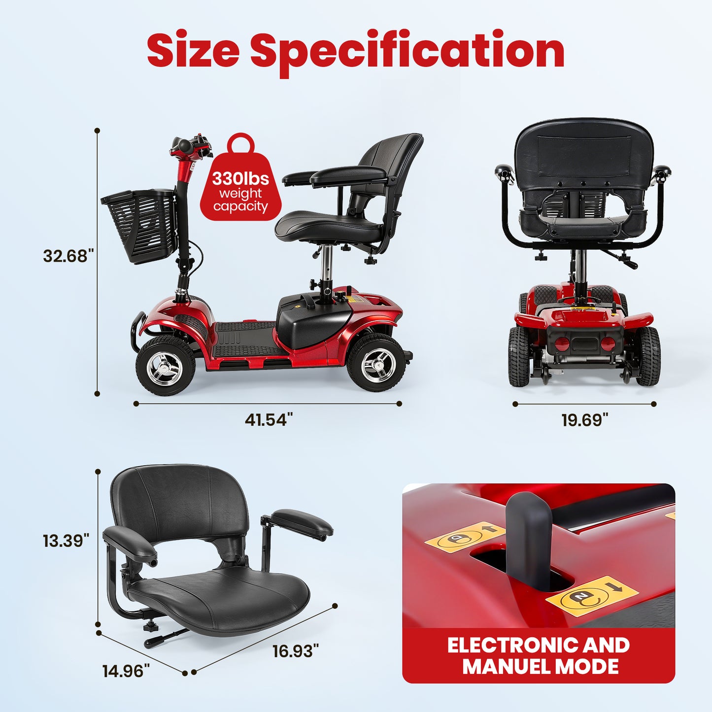 SACVON 4 Wheel Mobility Scooter for Seniors, 330 lbs Heavy Duty Electric Powered Scooter with 15 Miles Long Range, Swivel Seat & Removable Basket for Travel and Grocery Shopping, Red