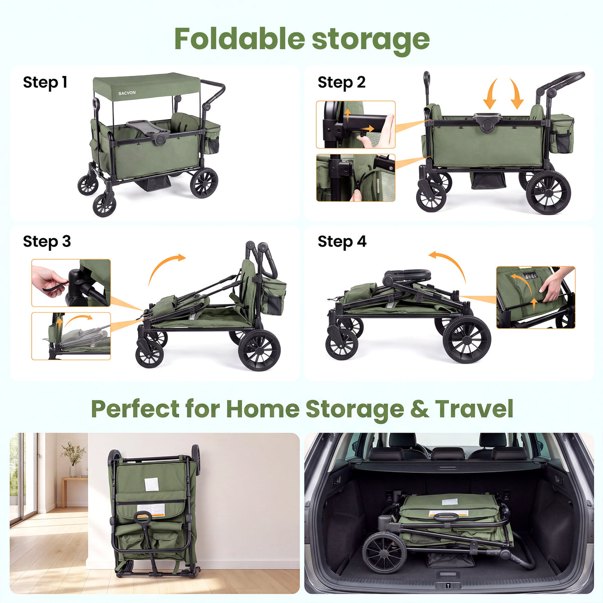 SACVON 2-Seater Stroller Wagon with Side Entry, Canopy & Snack Tray, Includes Removable Storage Bag That Converts to a Backpack-Olive Green