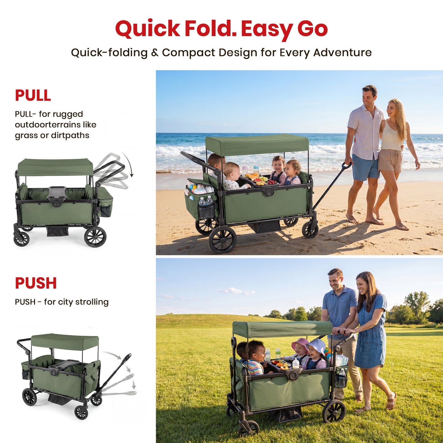 SACVON 4-Seater Stroller Wagon with Side Entry, Canopy & Snack Tray, Includes Detachable Storage Bag That Converts to a Backpack– Olive Green