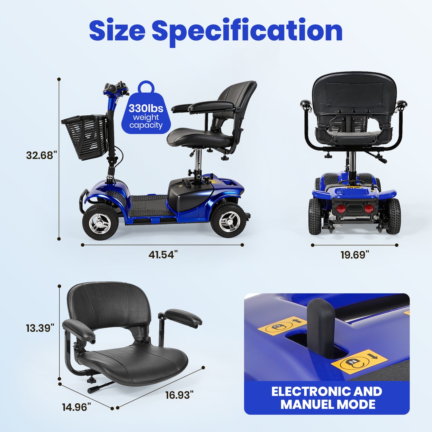 SACVON 4 Wheel Mobility Scooter for Seniors, 330 lbs Heavy Duty Electric Powered Scooter with 15 Miles Long Range, Swivel Seat & Removable Basket for Travel and Grocery Shopping, Blue